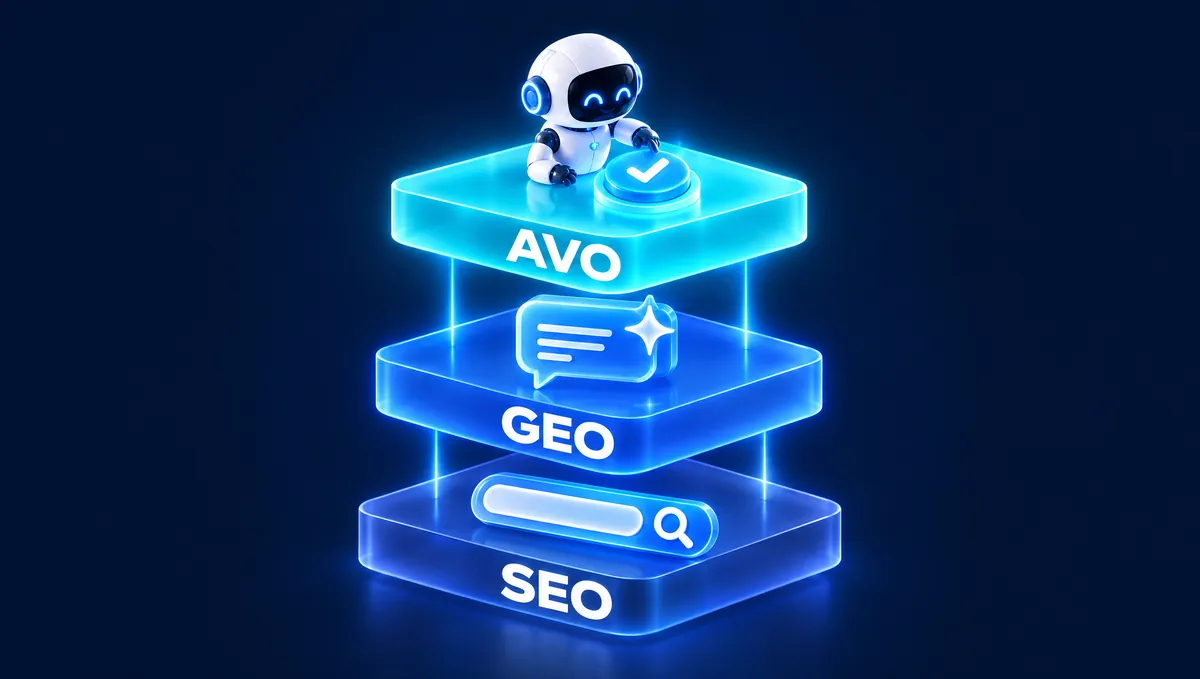 Tres capas apiladas: SEO en la base, GEO en medio y AVO arriba, donde un agente de IA pulsa un botón de acción