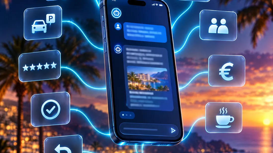 Móvil con una petición de reserva de hotel en Gran Canaria rodeado de los datos que comprueba el agente: ubicación, fechas, precio, desayuno, parking, valoraciones y disponibilidad