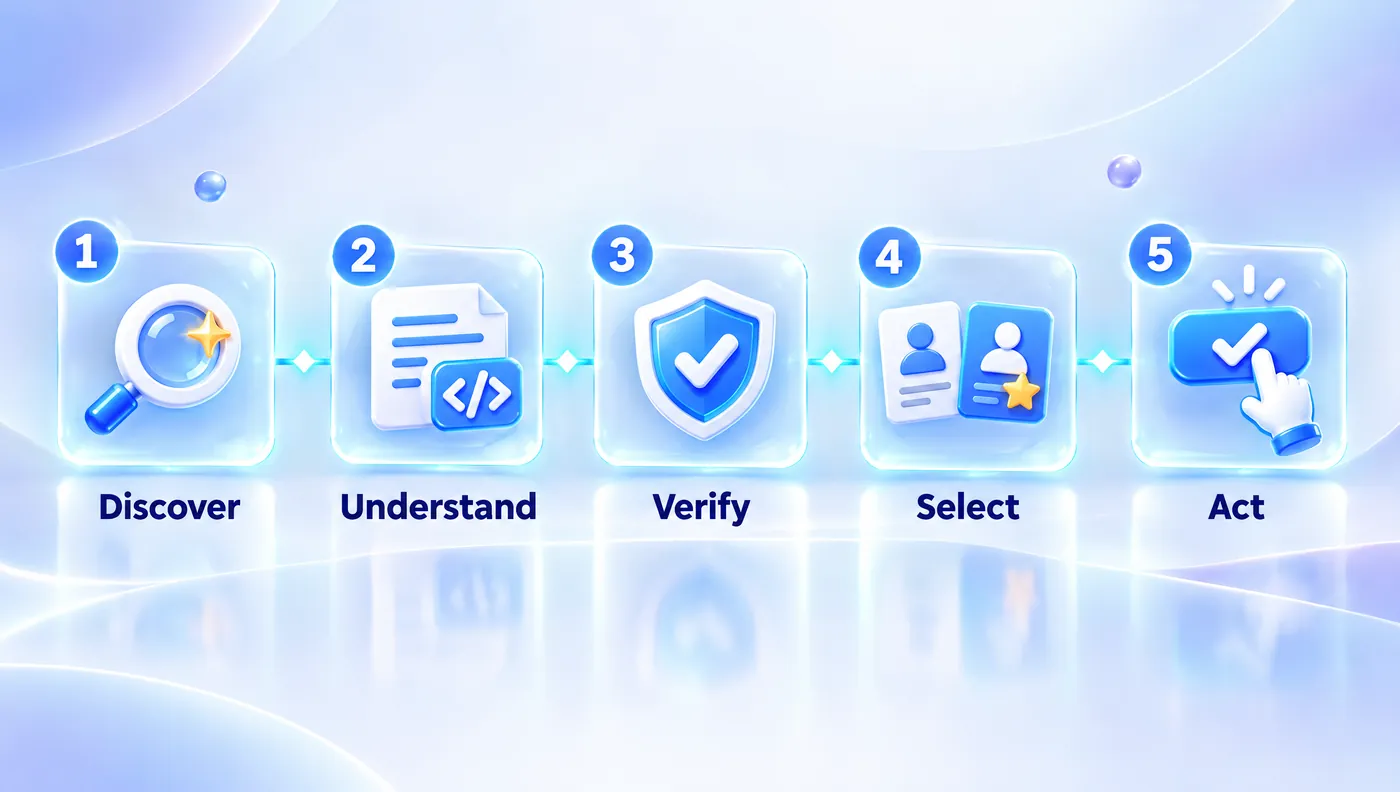 Infografía del método AVO: cinco tarjetas conectadas, Discover, Understand, Verify, Select y Act