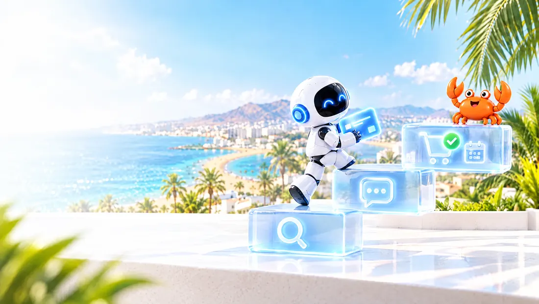 Robot subiendo tres escalones de cristal con iconos de búsqueda, conversación y carrito de compra, con el cangrejo de Mr Crab 7 en lo alto